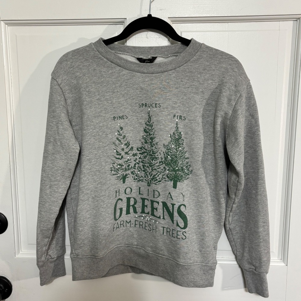 J.Crew Womens Holiday Greens Christmas Tree Graphic Sweatshirt Gray XS